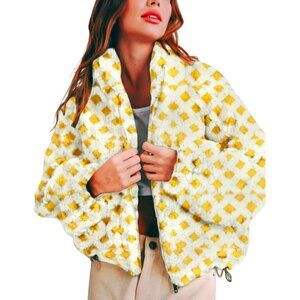Women Yellow Cropped Sherpa Fleece Plaid Jacket Chunky Outerwear